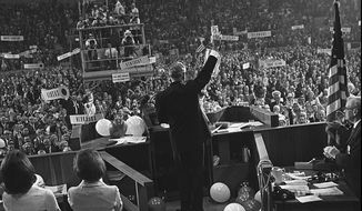 Barry Goldwater waves to delegates inside the Cow Palace at the 1964 Republican National Convention in San Francisco. As a senator, he strongly argued that it is a core American value and in the country&#39;s best interest to stand by Taiwan as it faced an existential threat from tyrannical communists. Goldwater&#39;s contribution to the U.S.-Taiwan relationship made him a figure of enormous importance and won him profound respect on the other side of the Pacific. He championed the passage of the Taiwan Relations Act (TRA), a landmark piece of legislation, which through bipartisan support, was signed into law in April 1979. To this day, that law provides the bedrock for U.S.-Taiwan relations. (Associated Press)