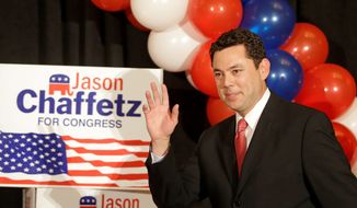 Rep. Jason Chaffetz, R-Utah, the winner of Utah&#39;s 3rd Congressional District, waves as he walks on stage during the Utah State GOP election night watch party Tuesday, Nov. 4, 2014, in Salt Lake City.  (AP Photo/Rick Bowmer)