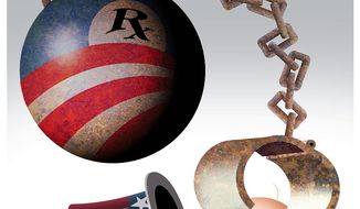 Illustration on the real purpose of Obamacare by Alexander Hunter/The Washington Times