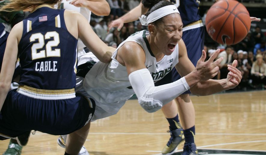 Michigan State&#39;s Aerial Powers, right, loses the ball as she drives agianst Notre Dame&#39;s Madison Cable (22) during the first half of an NCAA college basketball game, Wednesday, Nov. 19, 2014, in East Lansing, Mich. (AP Photo/Al Goldis)