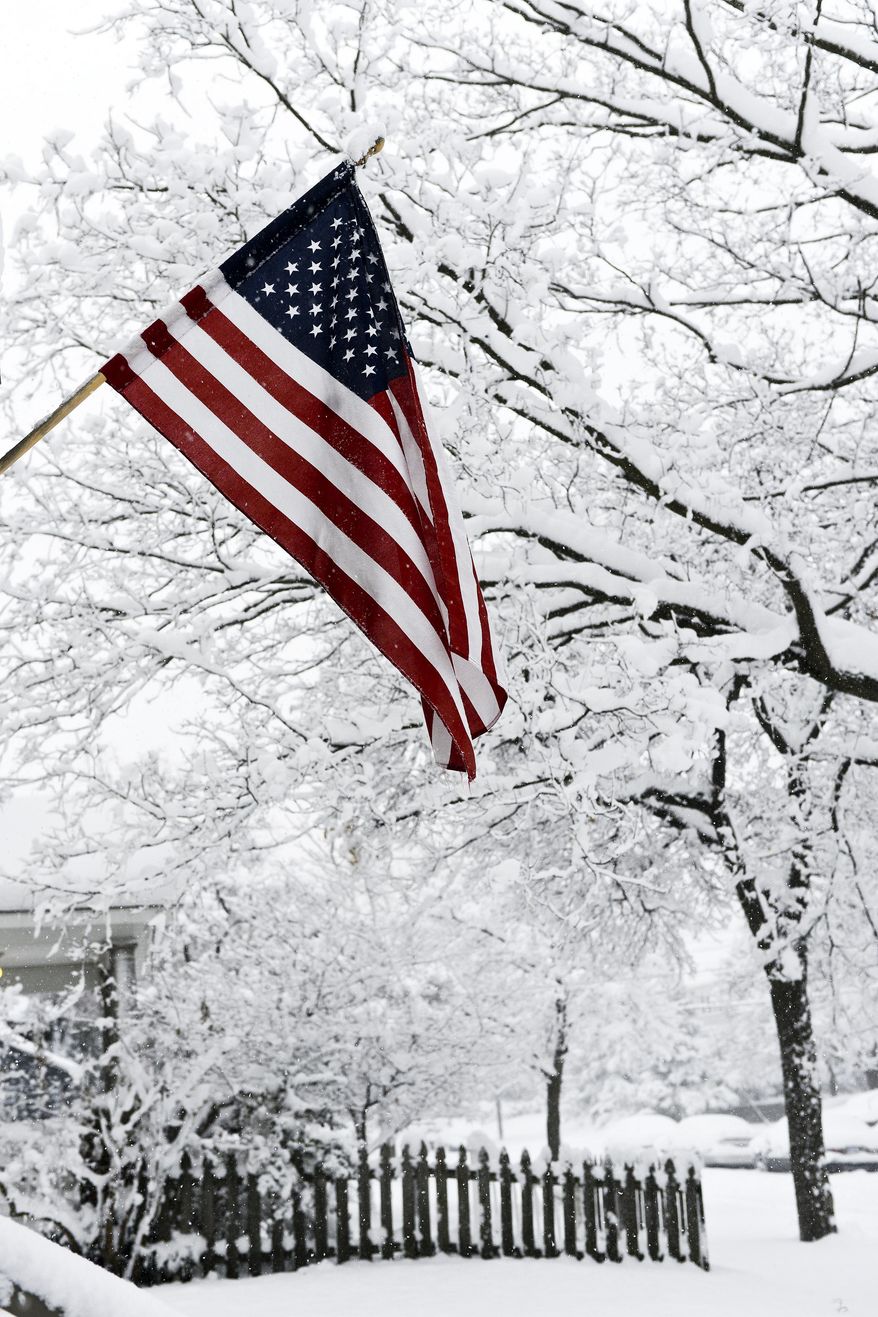An American Flag is seen against a wintry backdrop along Fairview Avenue, Tuesday, Nov. 18, 2014 in Grand Rapids, Mich. (AP Photo/The Grand Rapids Press, Emily Rose Bennett) ALL LOCAL TELEVISION OUT; LOCAL TELEVISION INTERNET OUT
