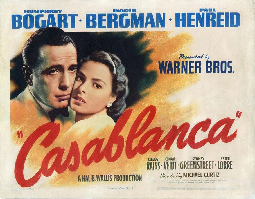 This undated photo provided by the Profiles in History auction house shows a vintage movie poster for "Casablanca," from a massive single-owner collection covering nearly the entire history of feature films - from 1907 to the present - that will be going on the auction block as one lot on Dec. 17, 2014 at Profiles in History in Calabasas, Calif. The collection belongs to Morris Everett Jr., who resides in Cleveland and owns a New York City movie photos leasing company. He says he’s selling because he’s about to turn 74, but who says he "would love to keep buying for the person who purchases the collection.” (AP Photo/Profiles in History)