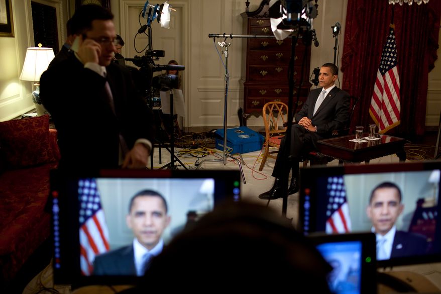 President  Obama conducts interviews in the  Map Room 3/30/09.  Official White House Photo by Pete Souza