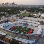 This Wednesday, Aug. 20, 2014, photo, shows the new stadium at the University of Houston in Houston. The University of Houston will use powder blue alternate uniforms for its football team, reversing a previous choice to shelve the look under threat from the NFL. (AP Photo/Houston Chronicle, Karen Warren)