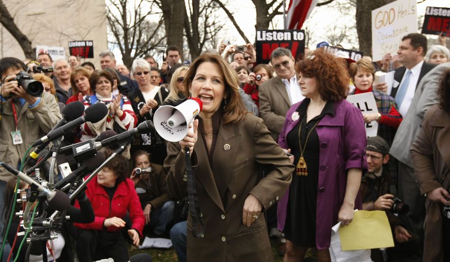 FILE - In this March 16, 2010 file photo, Rep. Michele Bachmann, R-Minn., speaks at a health care rally by The American Grassroots Coalition and The Tea Party Express on Capitol Hill in Washington. Ms. Bachmann stands ready to shake up next year&#x27;s Republican nominating contest either through a campaign of her own or by wielding her influence over those who do run.  (AP Photo/Gerald Herbert, File)