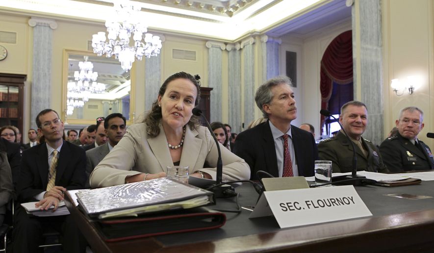 Witnesses testifying before the Senate Armed Services Committee  on Capitol Hill in Washington, Wednesday, April 14, 2010, about U.S.  policy toward Iran&#x27;s nuclear program are, from left to right:  Undersecretary of Defense for Policy Michele Flournoy, Undersecretary of State for Political Affairs William Burns, Marine General James Cartwright, the vice chairman of the Joint Chiefs of Staff, and Lt. Gen. Ronald Burgess, head of the Defense Intelligence Agency. (AP Photo/J. Scott Applewhite)
