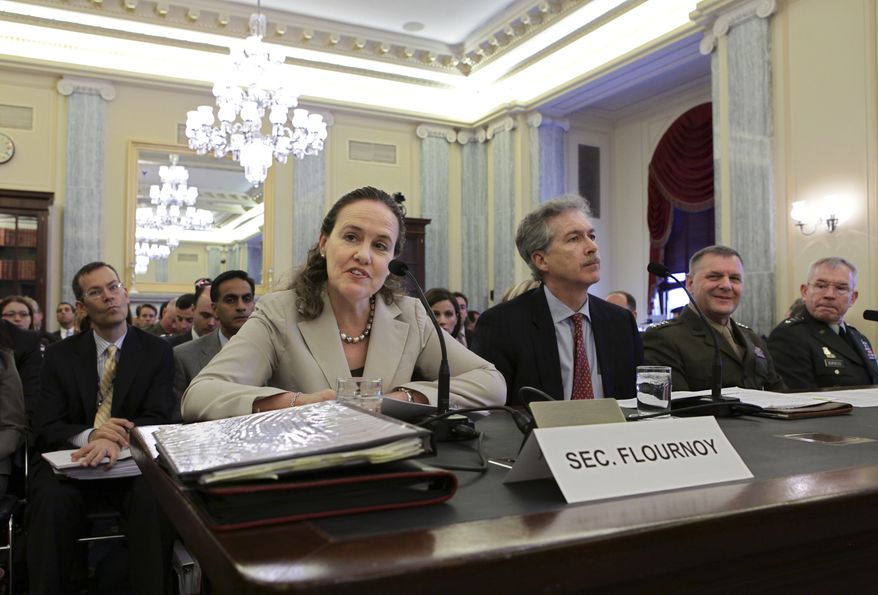 Witnesses testifying before the Senate Armed Services Committee  on Capitol Hill in Washington, Wednesday, April 14, 2010, about U.S.  policy toward Iran&#x27;s nuclear program are, from left to right:  Undersecretary of Defense for Policy Michele Flournoy, Undersecretary of State for Political Affairs William Burns, Marine General James Cartwright, the vice chairman of the Joint Chiefs of Staff, and Lt. Gen. Ronald Burgess, head of the Defense Intelligence Agency. (AP Photo/J. Scott Applewhite)
