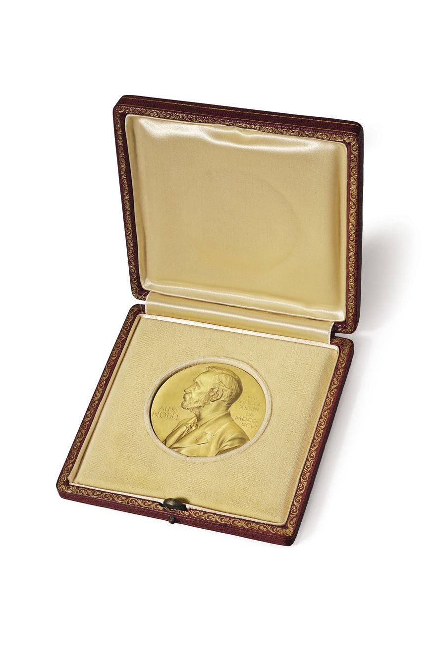 This image provided by Christie's auction house shows the 1962 Nobel Prize medal James Watson won for his role in the discovery of the structure of DNA. The medal is going on the auction block Dec. 4, 2014 at Christie's. (AP Photo/Christie's)