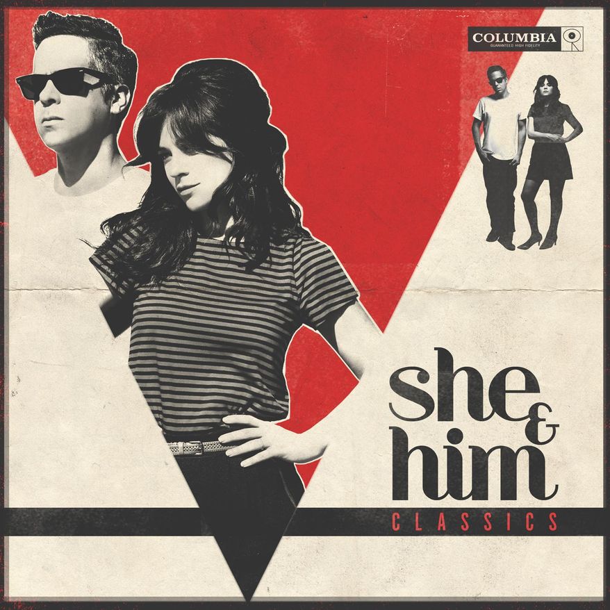 This photo provided by Columbia Records shows the cover of the album, "Classics," by She & Him, musicians, Zooey Deschanel and M. Ward. The album releases Tuesday, Dec. 2, 2014. (AP Photo/Columbia Records)