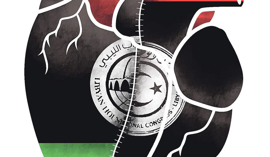 Illustration on a coalition government for Libya by Linas Garsys/The Washington Times
