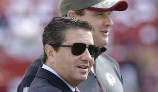 Washington Redskins owner Daniel Snyder, foreground, and head coach Jay Gruden watch as players warm up before an NFL football game against the San Francisco 49ers in Santa Clara, Calif., Sunday, Nov. 23, 2014. (AP Photo/Ben Margot)