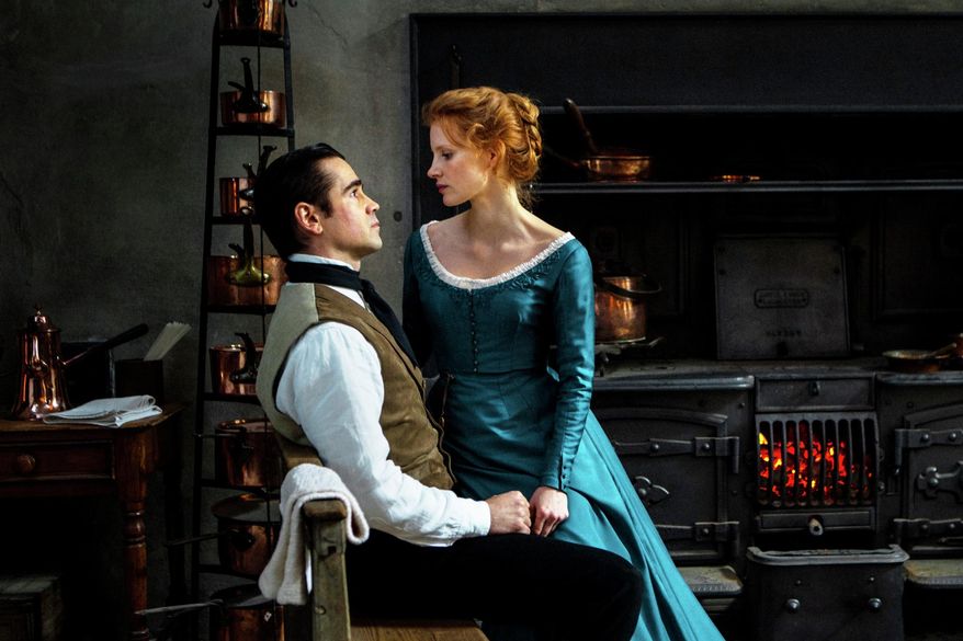 This photo released by Wrekin Hill Entertainment shows, Colin Farrell, left, as John, and Jessica Chastain as Miss Julie, in a scene from "Miss Julie." (AP Photo/Wrekin Hill Entertainment)