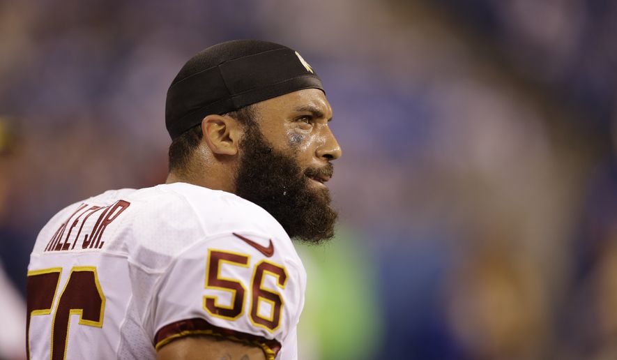 Washington Redskins inside linebacker Perry Riley on the bench during the second half of an NFL football game against the Indianapolis Colts Sunday, Nov. 30, 2014, in Indianapolis. The Colts defeated the Redskins 49-27. (AP Photo/Darron Cummings)