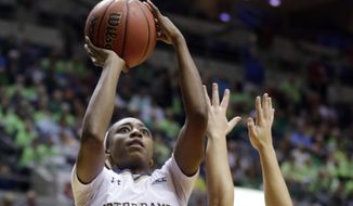 Notre Dame guard Jewell Loyd, left, shoots over Maryland guard Kristen Confroy in the first half of an NCAA college basketball game in Fort Wayne, Ind., Wednesday, Dec. 3, 2014. (AP Photo/Michael Conroy)