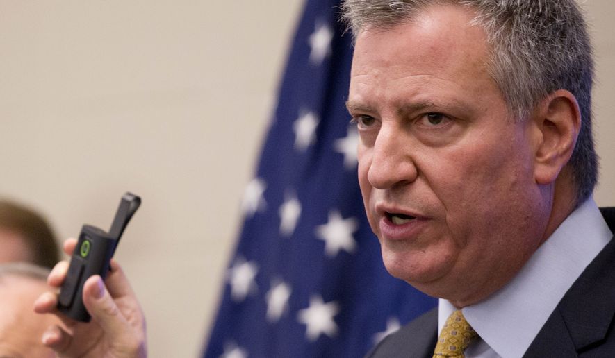 New York Mayor Bill de Blasio holds a body camera during a news conference to discuss a pilot program for the use of body cameras for some police officers, at the Police Academy in Queens, Wednesday, Dec. 3, 2014 in New York. (Associated Press) ** FILE **
