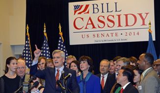 Surrounded by family and friends, Republican Louisiana U.S. Sen.-elect Bill Cassidy thanks supporters for their help during his election watch party in Baton Rouge, La., Saturday, Dec. 6, 2014. Cassidy denied Democratic Sen. Mary Landrieu of Louisiana a fourth term, calling his Senate victory &quot;the exclamation point&quot; on midterm elections that put Republicans in charge on Capitol Hill for President Barack Obama&#39;s last two years in office. (AP Photo/Bill Feig)