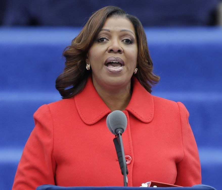 File-This Jan. 1, 2014, file photo shows New York Public Advocate Letitia James speaking after taking the oath of office in on the steps of City Hall in New York. James is pressing for appointing special state prosecutors whenever police kill or seriously injure someone. State Assemblymen Karim Camara and Marcos Crespo are proposing special prosecutors for police killings of unarmed people. (AP Photo/Frank Franklin II, File)