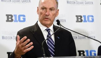 Jim Delany, Commissioner of the Big Ten Conference speaks during a news conference to announce a partnership with Madison Square Garden Tuesday, Dec. 9, 2014, in New York.  (AP Photo/Frank Franklin II)