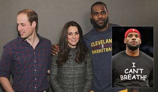 Britain&#x27;s Prince William, left, and Kate, Duchess of Cambridge pose with Cleveland Cavaliers&#x27; LeBron James, right, backstage of an NBA basketball game between the Cavaliers and the Brooklyn Nets on Monday, Dec. 8, 2014, in New York. (AP Photo/Neilson Barnard, Pool)