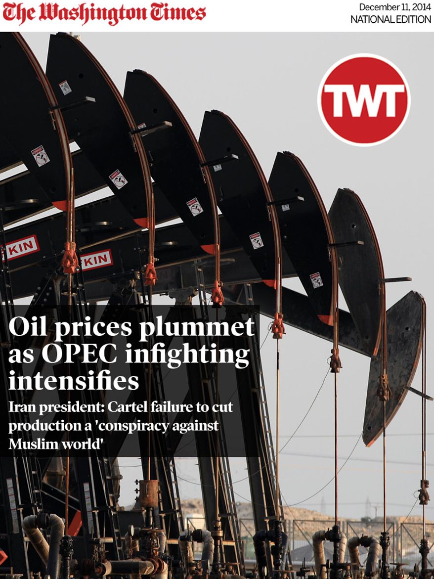 National Edition News cover for December 11, 2014 - OPEC’s civil war roils markets: Oil pumps work Tuesday, Jan. 14, 2014, in the Persian Gulf desert oil field of Sakhir, Bahrain. The price of oil struggled to advance much beyond $92 a barrel Tuesday on expectations that supplies will rise with ramped up output in Libya and the North Sea, along with more exports from Iran if a deal on its nuclear program succeeds. (AP Photo/Hasan Jamali)