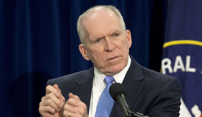 Central Intelligence Director (CIA) Director John Brennan gestures during a news conference at CIA Headquarters in Langley, Va., Thursday, Dec. 11, 2014. Brennan is pushing back hard against the wave of criticism following a Senate Intelligence Committee report detailing harsh interrogation tactics employed by intelligence community people against terrorism war-era detainees. Brennan and several past CIA leaders fear the historical record may define them as torturers instead of patriots. The CIA is now in the uncomfortable position of defending itself publicly, given its basic mission to protect the country secretly. (AP Photo/Pablo Martinez Monsivais) **FILE**