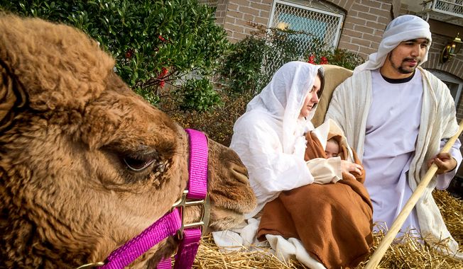 In this file photo, Faith and Action hosts a nativity scene including actors in period costume portraying Mary, Joseph, the Baby Jesus, live camels and a donkey, Washington, D.C., Thursday, December 11, 2014. An Idaho couple are appealing to the 9th Circuit Court of Appeals after losing a lawsuit in federal district court attempting to overturn their homeowners association&#x27;s ban on a live nativity display they set up around Christmas.  (Andrew Harnik/The Washington Times) **FILE**