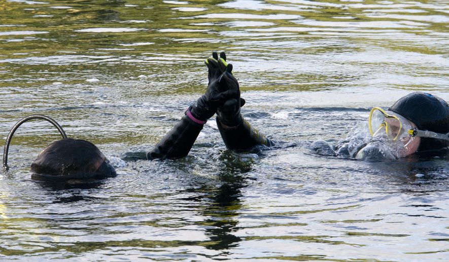 This photo provided by the Florida Keys News Bureau shows Roane State Community College, Tenn., instructors Jessica Fain, left, and Bruce Cantrell, right, holding hands, Monday, Dec. 15, 2014, after surfacing following a 73-day underwater mission at the Jules' Undersea Lodge in Key Largo, Fla. The duo broke a record for the longest human underwater habitation. The previous record of 69 days was established by Rick Presley at the lodge in 1992. While underwater, the duo hosted a weekly online program about marine science seen by students in 24 countries and Cantrell taught a college credit class online for Roane State students. (AP Photo/Florida Keys News Bureau, Andy Newman)