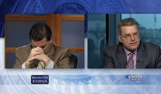 Republican Dallas Woodhouse and his Democratic brother Brad Woodhouse, two pundits, were arguing on a recent Washington Journal television broadcast when their mother called in. (Screengrab from C-SPAN/YouTube)