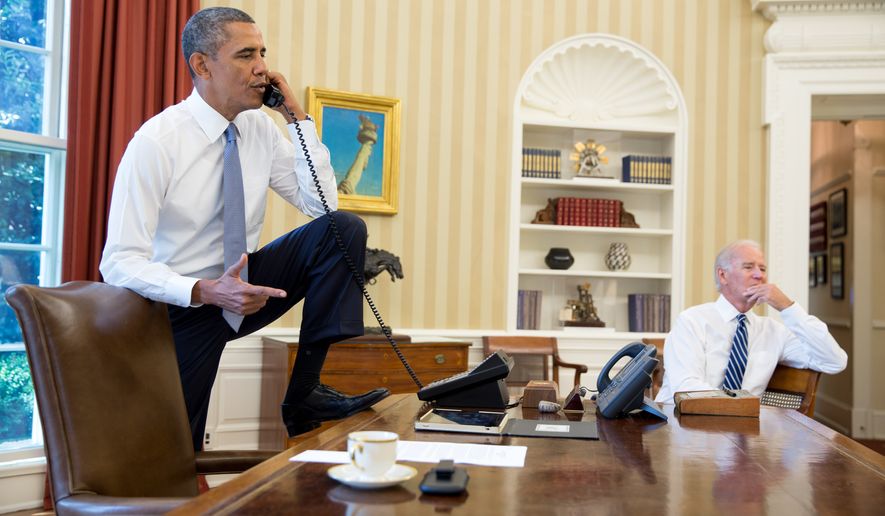 President Barack Obama talks on the phone in the Oval Office with Speaker of the House Boehner, Saturday, August 31, 2013. Vice President Joe Biden listens at right.(Official White House Photo by Pete Souza)