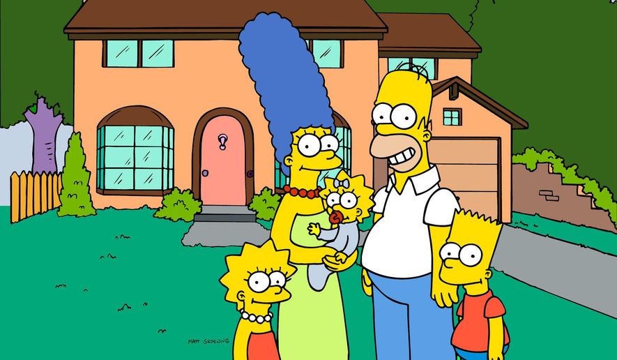 This undated image from files provided by Fox Broadcasting from &quot;The Simpsons,&quot; shows the popular cartoon family posing in front of their home — from left, Lisa, Marge holding Maggie, Homer and Bart Simpson. (AP Photo/Fox Broacasting Co., File)