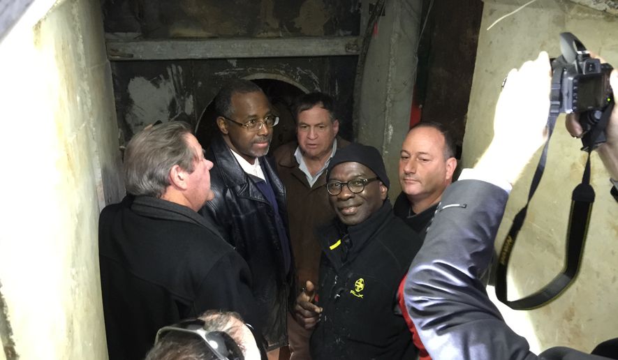 Dr. Ben Carson, second from left, and Armstrong Williams, second from right, inspect secret tunnels used by Hamas terrorists to infiltrate from the Gaza Strip into Israel.
