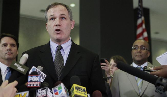 In this Aug. 17, 2010 file photo, U.S. Attorney Patrick Fitzgerald talks to reporters after a jury found former Gov. Rod Blagojevich guilty on one count of the 24 counts against him in his federal corruption trial. in Chicago. Robert Blagojevich the brother of imprisoned former Illinois Gov. Rod Blagojevich offers fresh details in a new book to back his contention prosecutors used him as a pawn to get his younger sibling on charges he sought to hock President Barack Obama&#x27;s old U.S. Senate seat. While charges were eventually dropped against him, the Tennessee businessman, says his refusal to turn on his brother made him &amp;quot;collateral damage&amp;quot; of an overzealous prosecution that cost his reputation, $1 million in legal bills and a still-unrepaired family split. (AP Photo/M. Spencer Green, File)