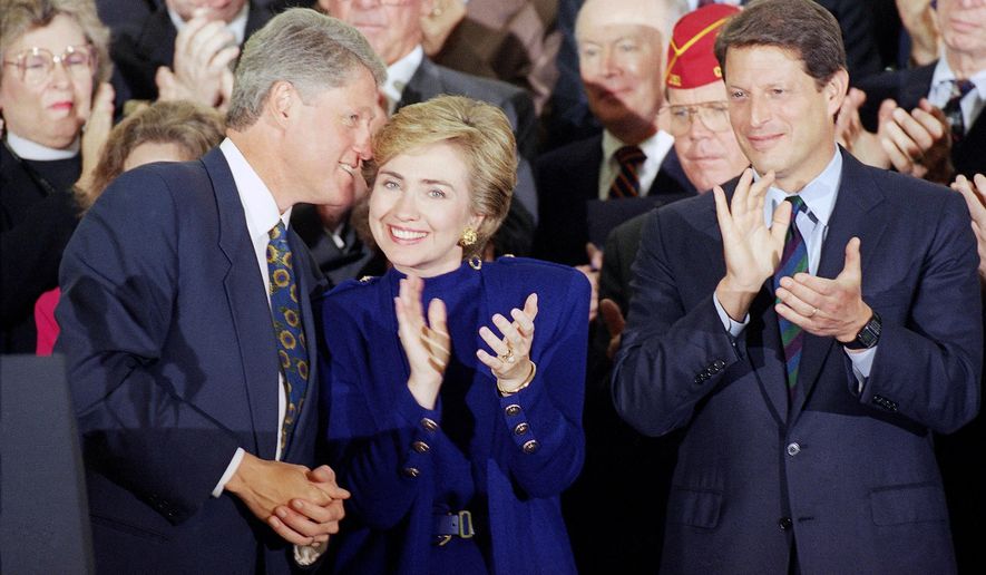 FILE - In this Sept. 23, 1993 file photo, then President Bill Clinton talks to his wife, then first lady Hillary Rodham Clinton as then Vice President Al Gore applauds during a kickoff prep rally for the president&#39;s health care plan at the White House. Again? Really? There are more than 300 million people in America, yet the same two families keep popping up when it comes to picking a president. The possibility of a Bush-Clinton matchup in 2016 is increasingly plausible. After months of hints and speculation, former Florida Gov. Jeb Bush last week said he&#39;s actively exploring a bid for the Republican nomination. And while Hillary Rodham Clinton hasn&#39;t revealed her intentions, she&#39;s seen as the odds-on favorite for the Democratic nomination. (AP Photo/Wilfredo Lee, File)