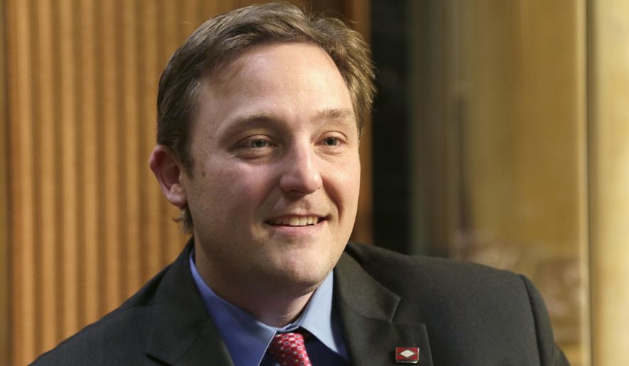 In this photo taken Dec. 16, 2014, Rep. Jeremy Gillam, R-Judsonia, is interviewed at the Arkansas state Capitol in Little Rock, Ark. Gillam, the incoming House Speaker, said he sees economic development as the top priority for next year’s legislative session. (AP Photo/Danny Johnston)