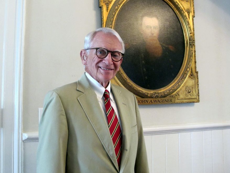 FILE - In a Sept. 4, 2014 file photo, Charleston, S.C., Mayor Joseph P. Riley Jr. stands outside his office in Charleston City Hall. Riley, the longest-serving mayor in Charleston history, is serving his 10th term and entering his last year in office in 2015. He told the AP in an interview that his agenda is so full he will probably be working right up until the time he turns out the lights on his last day in office. (AP Photo/Bruce Smith, File)