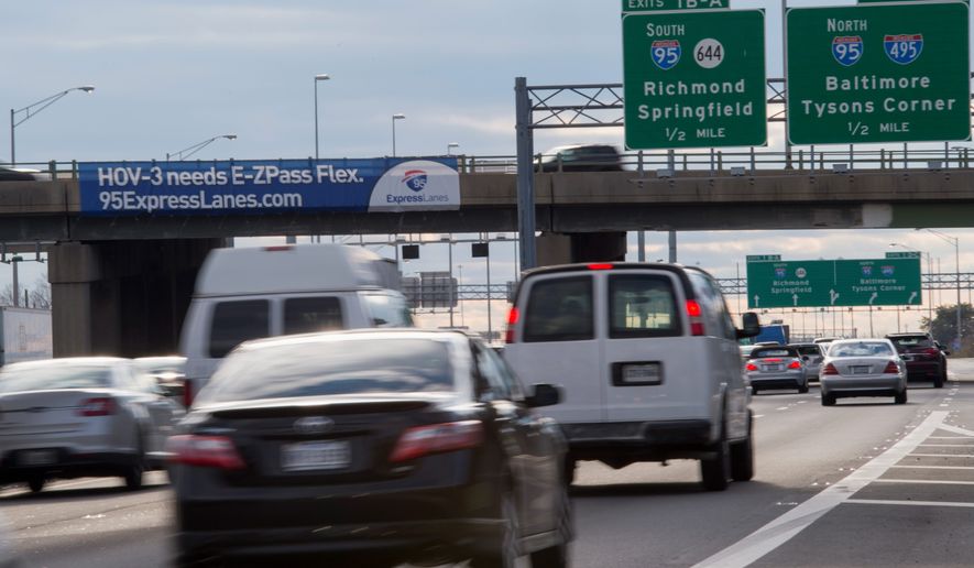 The I-95 Express Lanes are opening in Northern Virginia, allowing motorists with an E-ZPass to bypass heavy traffic and pay appropriate tolls depending on the time of day and congestion volume during their journeys. (Associated Press) **FILE**