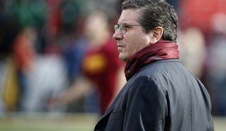 Washington Redskins owner Daniel Snyder watches the team warm up before an NFL football game against the Dallas Cowboys in Landover, Md., Sunday, Dec. 28, 2014. (AP Photo/Alex Brandon)