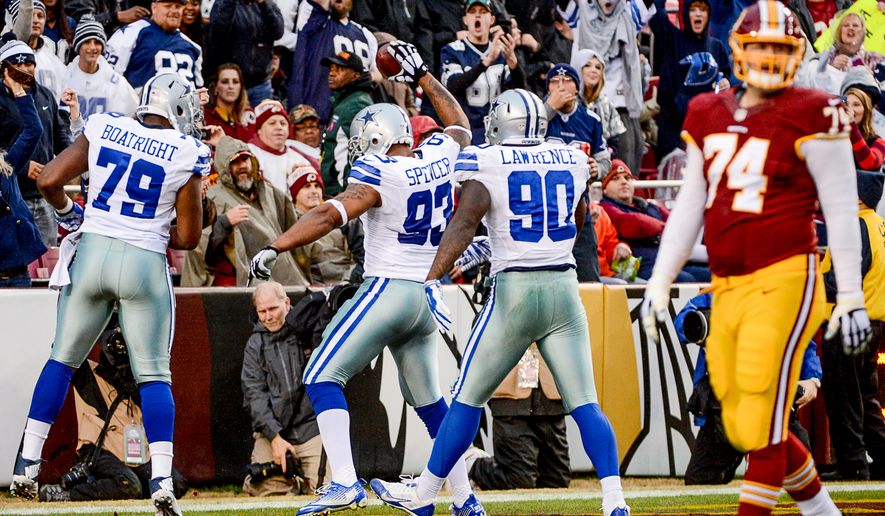 Dallas Cowboys defensive end Anthony Spencer (93) scores on a 5 yard touchdown recovery late in the fourth quarter as the Washington Redskins play the Dallas Cowboys the at FedExField, Landover, Md., Sunday, December 28, 2014. (Andrew Harnik/The Washington Times)