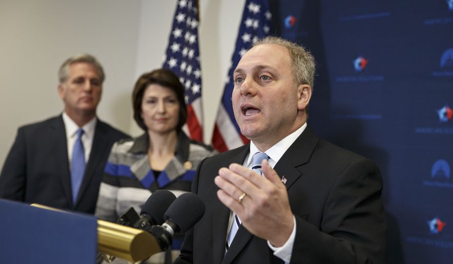 House Majority Whip Steve Scalise of La., right, with House Majority Leader Kevin McCarthy of Calif., left, and Rep. Cathy McMorris Rodgers, R-Wash., speaks to reporters on Capitol Hill in Washington, following a House GOP caucus meeting. Scalise acknowledged that he once addressed a gathering of white supremacists. Scalise served in the Louisiana Legislature when he appeared at a 2002 convention of the European-American Unity and Rights Organization. Now he is the third-highest ranked House Republican in Washington. (AP Photo/J. Scott Applewhite, File)