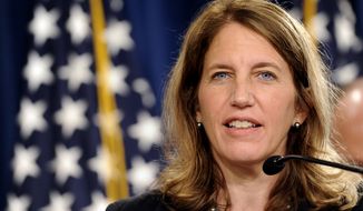 Health and Human Services Secretary Sylvia Mathews Burwell speaks at the Treasury Department in Washington on July 28, 2014. (Associated Press) ** FILE **