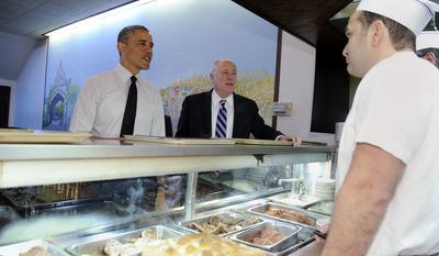 President Obama and Illinois Gov. Pat Quinn order breakfast at Valois Cafeteria in Chicago on May 23, 2014. (Associated Press) **FILE**