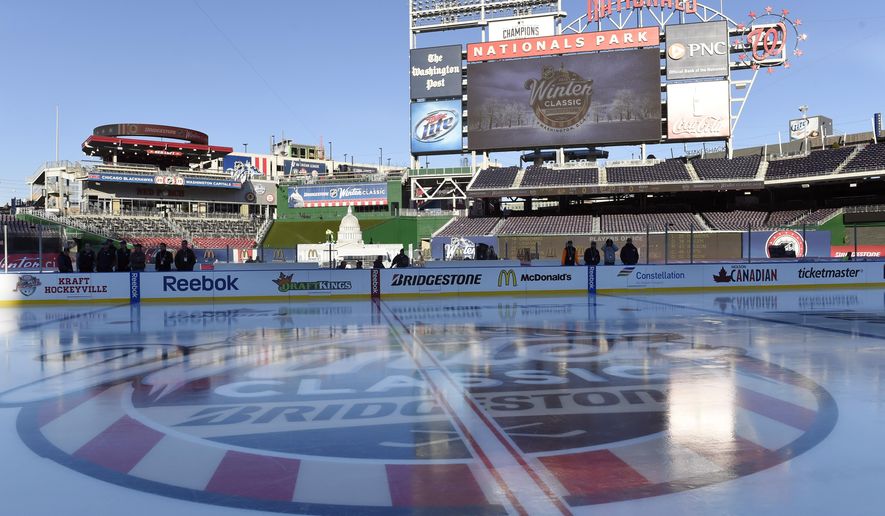 The rink at Nationals Park in Washington stands coated with ice Tuesday, Dec. 30, 2014, in preparation for the New Year&#x27;s Day Winter Classic outdoor NHL hockey game between the Washington Capitals and the Chicago Blackhawks. (AP Photo/Susan Walsh)