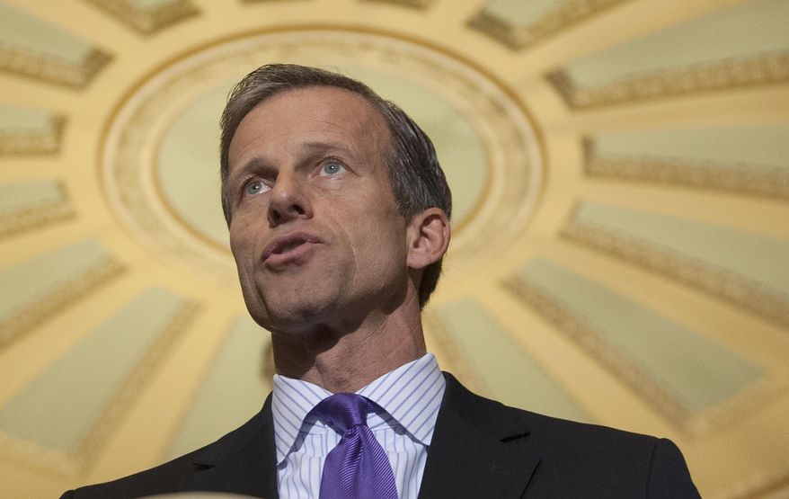 FILE - In this April 1, 2014 file photo, Sen. John Thune, R-S.D. speaks on Capitol Hill in Washington. Republican senators poised to lead major committees when the GOP takes charge are intent on pushing back many of President Barack Obama's policies, setting up potential showdowns over environmental rules, financial regulations and national security. (AP Photo/Cliff Owen, File)