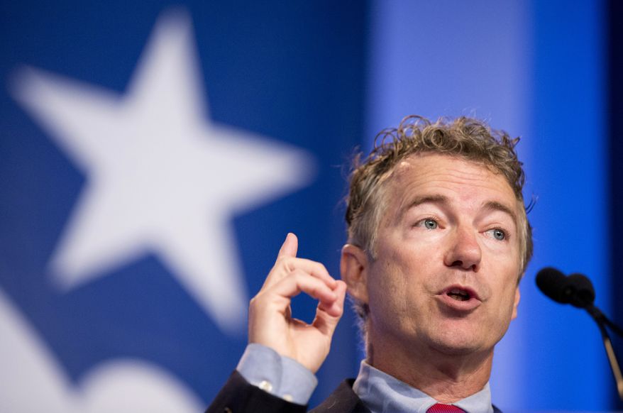 FILE - In this Sept. 26, 2014, file photo, Sen. Rand Paul, R-Ky. speaks in Washington. Paul is sprinting into the 2016 presidential primary season even with big challenges looming.The libertarian-minded Republican senator from Kentucky is set to visit several Western states this month before reintroducing himself to voters in Iowa, New Hampshire and South Carolina as operatives try to strengthen his national political network. (AP Photo/Manuel Balce Ceneta, File)