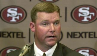 New San Francisco 49ers vice president of player personnel Scot McCloughan gestures during a news conference in Burlingame, Calif., Wednesday, Feb. 2, 2005. He replaces general manager Terry Donahue, who was fired last month. McCloughan was the Seattle Seahawks&#39; director of college scouting. (AP Photo/Paul Sakuma)