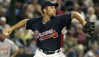 FILE - In this March 27, 2007, file photo, Atlanta Braves pitcher John Smoltz throws in the fourth inning of a spring training baseball game against the Detroit Tigers in Lake Buena Vista, Fla. Smoltz was elected to the National Baseball Hall of Fame on Tuesday, Jan. 6, 2015.  (AP Photo/Reinhold Matay, File)