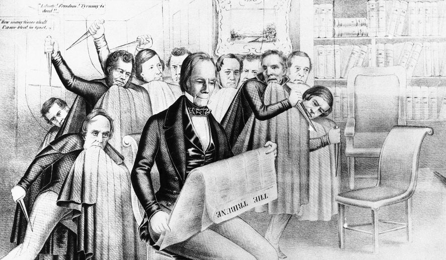 This cartoon of the 1840 Whig Party campaign of 1840 shows the Harrison wing of the Whigs beating Henry Clay (shown reading a newspaper) by political maneuvering. Harrison later defeated Martin van Buren. (AP Photo)