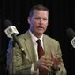 Scot McCloughan, right, speaks during an NFL football press conference where he was introduced as the Washington Redskins new general manager, Friday, Jan. 9, 2015, in Ashburn, Va. (AP Photo/Nick Wass)