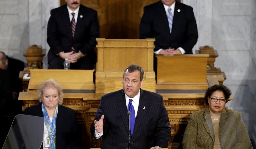 New Jersey Gov. Chris Christie, center bottom, delivers his State Of The State address, Tuesday, Jan. 13, 2015, in Trenton, N.J. (AP Photo/Mel Evans)