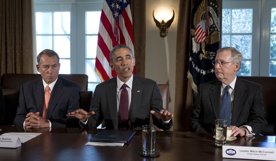 President Barack Obama, flanked by House Speaker John Boehner of Ohio, left, and Senate Majority Leader Mitch McConnell of Ky., speaks to media before his meetin with bipartisan, bicameral leadership of Congress to discuss a wide range of issues, Tuesday, Jan. 13, 2015, in the Cabinet Room of the White House in Washington. (AP Photo/Carolyn Kaster)